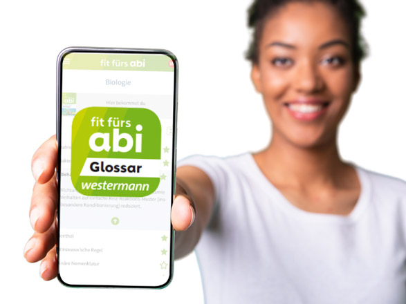 Junge Frau mit Smartphone und App Fit fürs Abi Glossar
