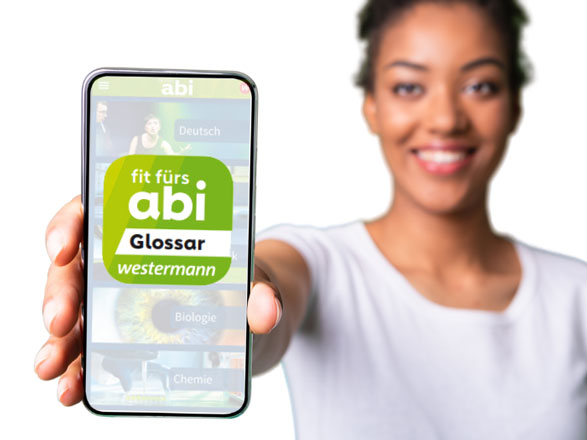 Junge Frau mit Smartphone und App Fit fürs Abi Glossar