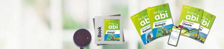 Collage mit Fit-fürs-Abi-Produkten: E-Books, Alexa Skill, Bücher, Apps und Online-Lernplattform
