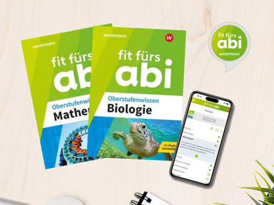 Schreibtisch, auf dem Fit fürs Abi Bücher liegen und ein Laptop mit der Fit fürs Abi App.